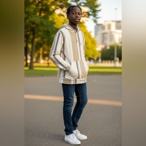 Denim and Flower- Ricky Singh Hooded Cream/Color Blocked Sweater-Size Small